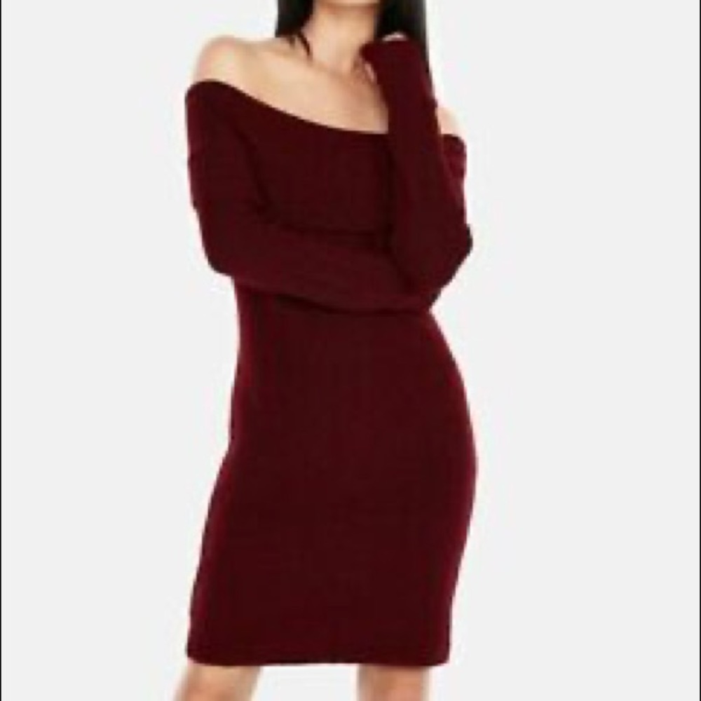 Express Maroon Off the Shoulder Long Sleeves Midi Dress